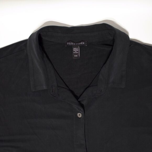 Eileen Fisher Black Cupro Vegan Silk Collar Button Blouse Boxy Top Shirt M - Picture 3 of 8
